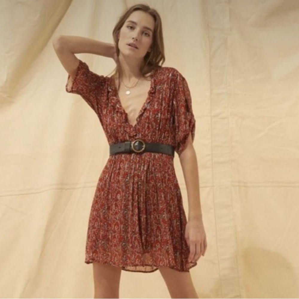 ba&sh Clem Ruffled-trim Printed Crepe Mini Dress in Terracotta